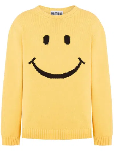 Moschino Cotton Blend Knit Sweater With Playful Embroidery In Yellow