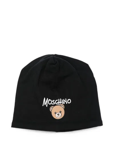 Moschino Kids' Cotton Cap With Teddy Bear Logo Print In Black