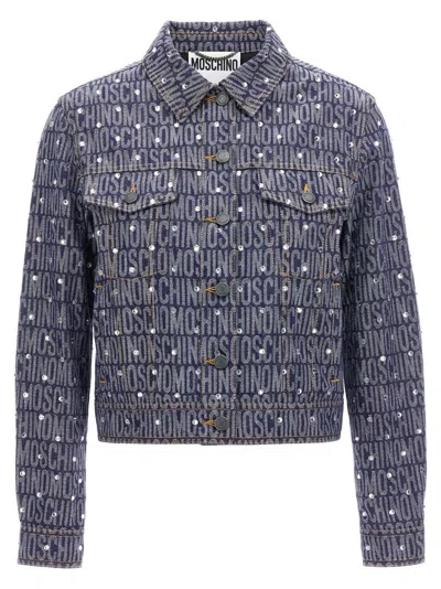 MOSCHINO COTTON DENIM BLEND JACKET WITH SIGNATURE LOGO PATTERN