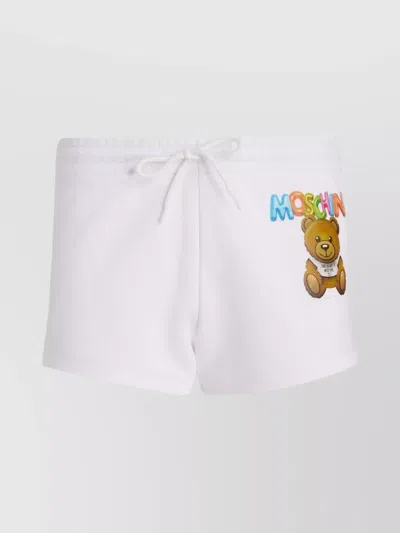 Moschino Cotton Fleece Graphic Print Lettering Shorts In White