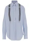 Moschino Couture Light Blue Cotton Striped Shirt With Decorative Straps In Blue