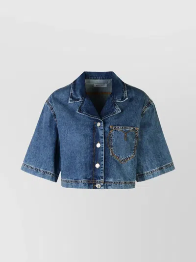 Moschino Cotton Shirt Cropped Short Sleeves In Blue