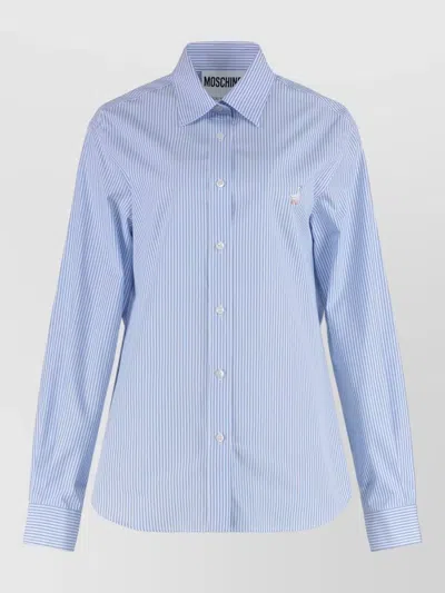 Moschino Cotton Shirt Long Sleeves Rounded Hem Striped In Blue