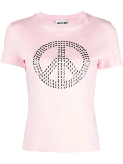 Moschino Cotton T-shirt With Rhinestone Peace Symbol Motif In Pink