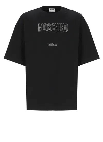 Moschino Crystal Logo Crew Neck T-shirt With Short Sleeves In Black