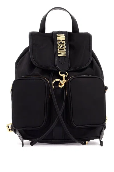 Moschino Couture Stylish Mini Backpack With Gold Metal Logo In Nero