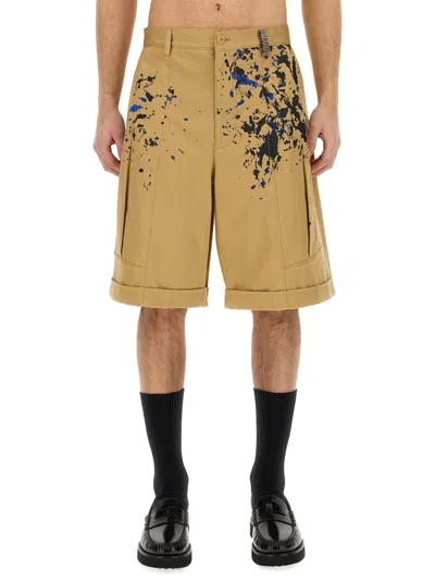 Moschino Bermuda Cargo Shorts With Unique Splatter Print Design In Brown