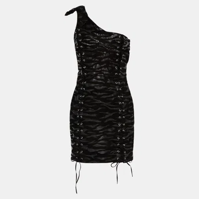 Pre-owned Moschino Couture Black Animal Printed Suede One-shoulder Mini Dress L (it 44)