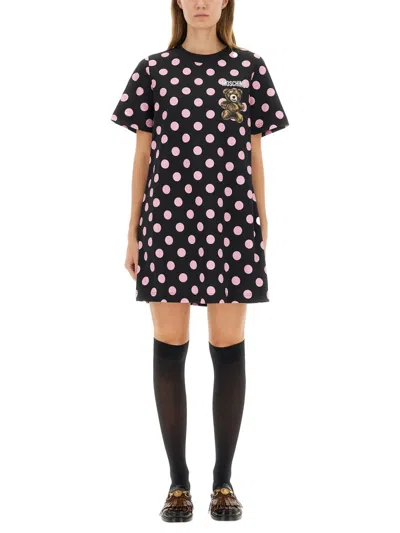 Moschino Graphic Print Polka Dot Short Sleeve Dress In Black