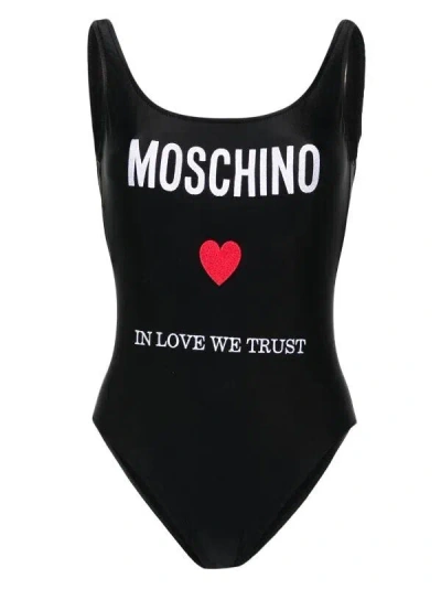 Moschino Couture Black Embroidered Logo One-piece Swimsuit With Heart Motif And Open Back