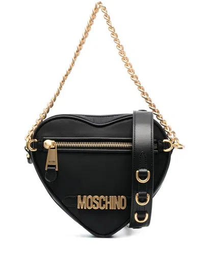 Moschino Couture Black Leather Heart-shaped Handbag With Gold Logo Plaque In Burgundy