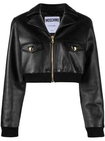Moschino Couture Black Leather Jacket With Heart-shaped Buttons