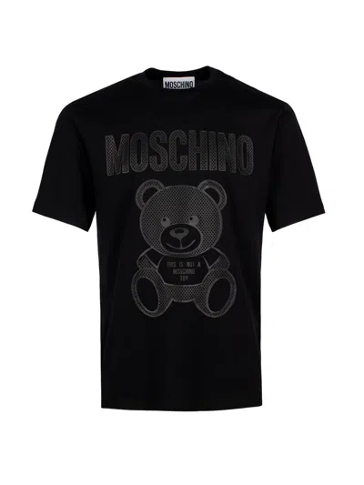 Moschino Couture Black Rubberised Cotton T-shirt With Signature Teddy Bear Motif And Slogan Print