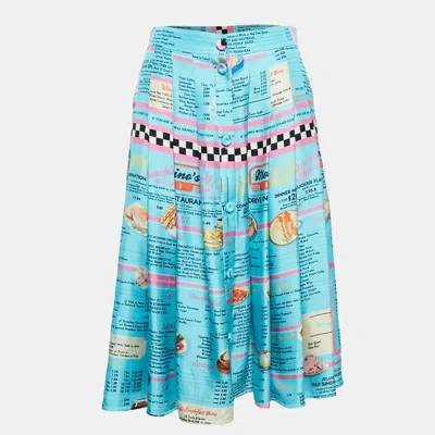 Moschino Couture Blue Drive In Menu Print Silk Pleated Midi Skirt