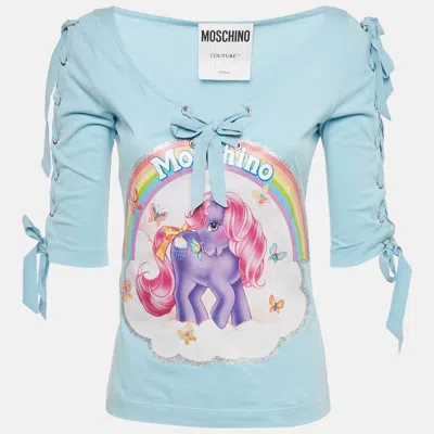Pre-owned Moschino Couture Blue My Little Pony Print Jersey Lace-up Top S