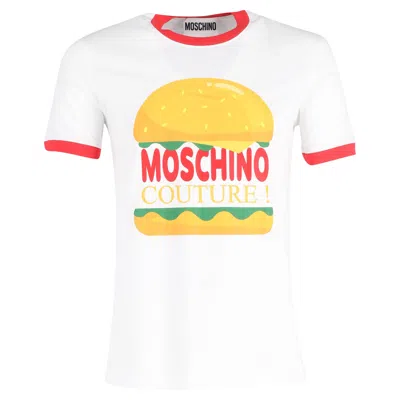 Moschino Couture Burger Print Crew Neck T-shirt In White Cotton