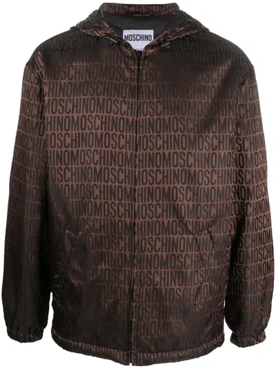 Moschino Couture Cedar Brown Logo Print Hooded Lightweight Jacket For Men