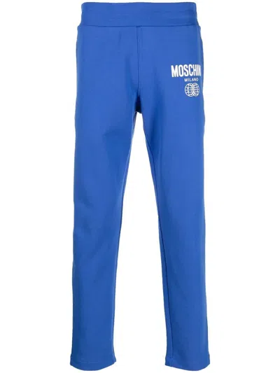 Moschino Couture Cobalt Blue Cotton Logo Print Track Pants In Navy