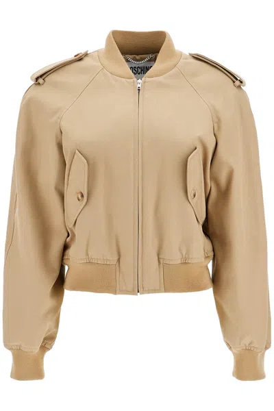 Moschino Cotton Blend Gabardine Bomber Jacket In Tan