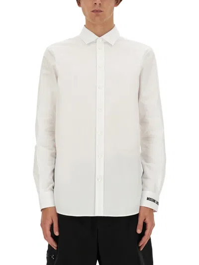 Moschino Logo-embroidered Long-sleeve Cotton Shirt In White