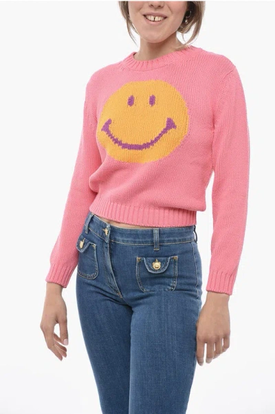 Moschino Couture! Crew Neck Smiley Cotton Sweater In Pink