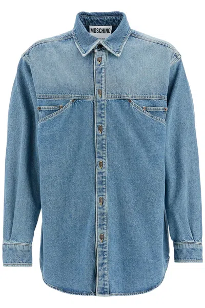 Moschino Distressed Denim Shirt With Four Pockets In Navy