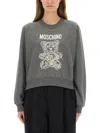 Moschino Ribbed Knitwear With Crew Neck And Graphic Print In Gray