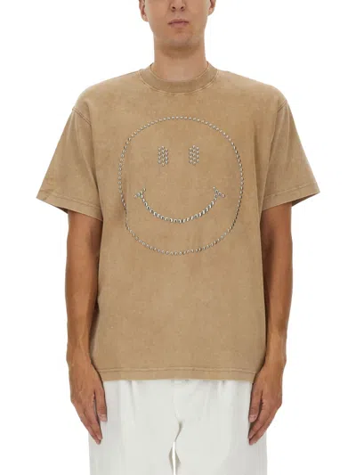 Moschino Couture Heavy Cotton T-shirt With Smiley Graphic In Brown