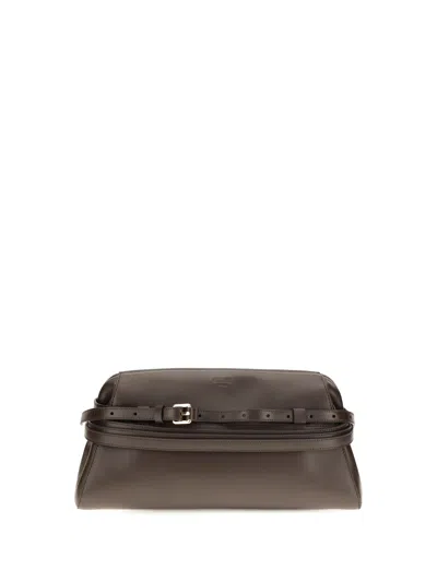 Moschino Couture Leather Clutch With Buckle Detail In Brown