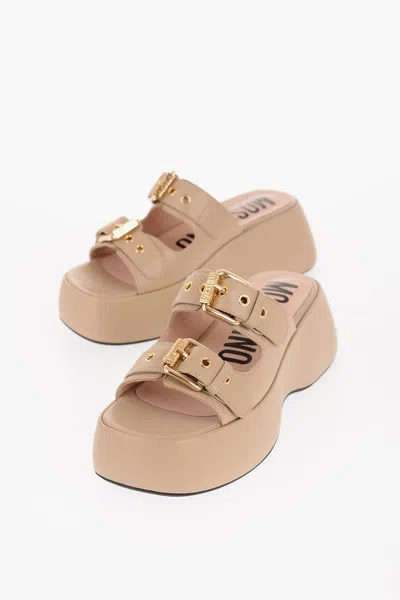Moschino Couture! Leather Dolly75 Sandals With Golden-effect Double B In Brown