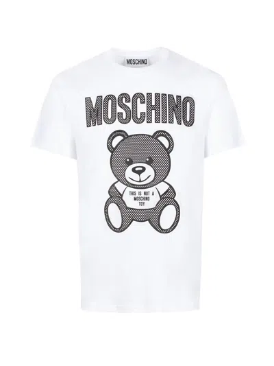MOSCHINO COUTURE MEN'S WHITE COTTON TEDDY BEAR T-SHIRT WITH LOGO AND SLOGAN PRINTS