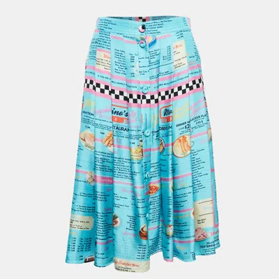 Pre-owned Moschino Blue Drive In Menu Print Silk Pleated Midi Skirt L