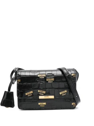 Moschino Crocodile Print Shoulder Bag In Black