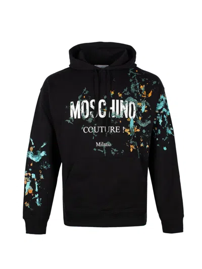Moschino Couture Multicolor Organic Cotton Hoodie With Painterly Print And Front Logo For Men In Black