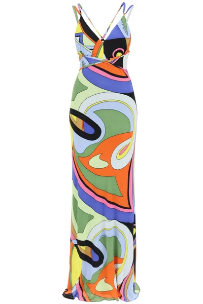 Moschino Couture Multicolor Printed T-shirt Maxi Dress, Waist Empire V Neck Women's Ss23