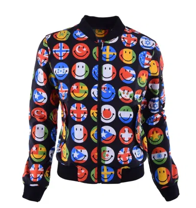 Pre-owned Moschino Couture Nylon Bomber Jacket With Flags Print Black 46 Us 36 S 04580