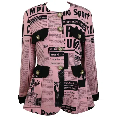 Pre-owned Moschino Couture Pink Newsprint Jacket With Faux Pearls Smiley Face Buttons