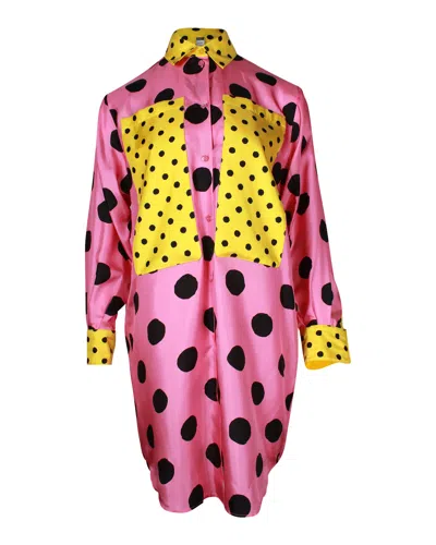 Moschino Polka Dot Shirt Dress In Pink Silk In Multi