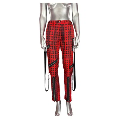 Pre-owned Moschino Couture Runway Pre Fall 2016 Red Black Plaid Silk Zipper Bondage Pants