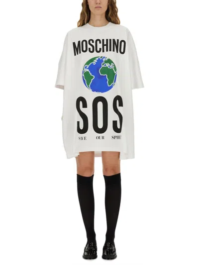 Moschino Couture Save Our Sphere Print Heavy Cotton Dress In Animal Print