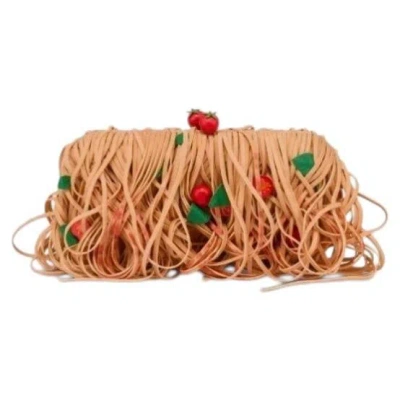 Pre-owned Moschino Couture, Spaghetti Pasta, Fringe, Tomato, Clutch, Shoulder Bag In Brown