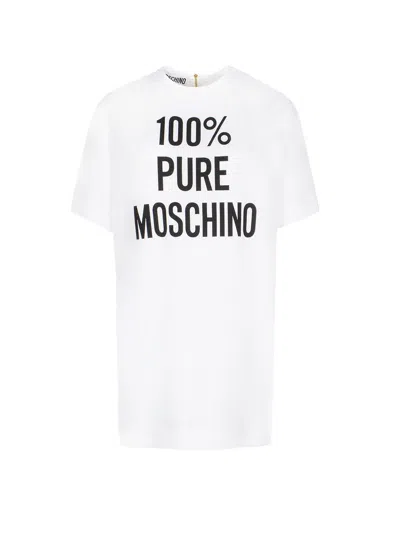 Moschino Couture White Crepe Mini Dress With Logo Print And Exposed Rear Zip