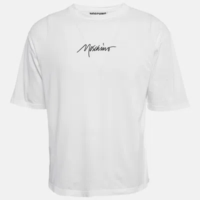 Pre-owned Moschino White Logo Embroidered Cotton Crew Neck T-shirt L