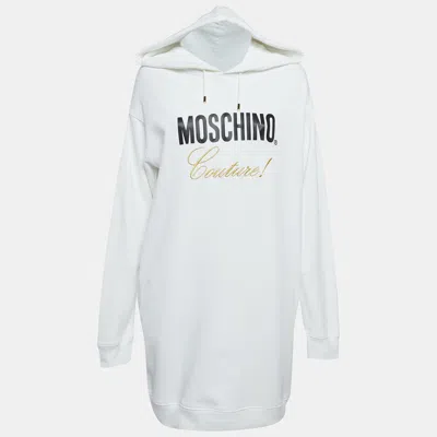 Pre-owned Moschino White Logo Print Cotton Hoodie Dress M