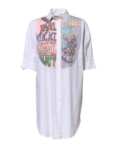 Pre-owned Moschino Couture White Printed Collared Button Mini Shirt Women's Dress ()