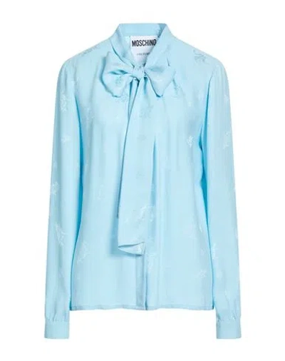 Moschino Couture Woman Shirt Sky Blue Size 12 Viscose, Silk In Animal Print