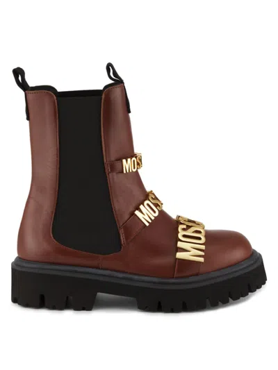 Moschino ! Women's Logo Lug Sole Leather Chelsea Boots In Chestnut
