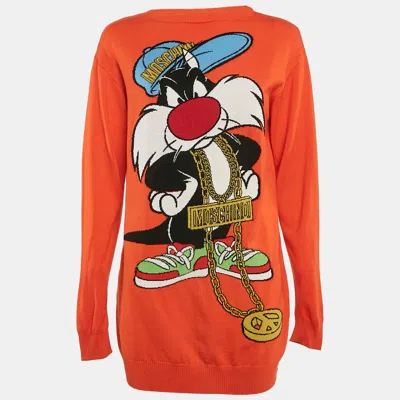 Pre-owned Moschino X Looney Tunes Orange Intarsia Wool Sweater Xs
