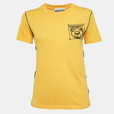 Pre-owned Moschino Yellow Cotton Embroidered Crew Neck T-shirt Xs