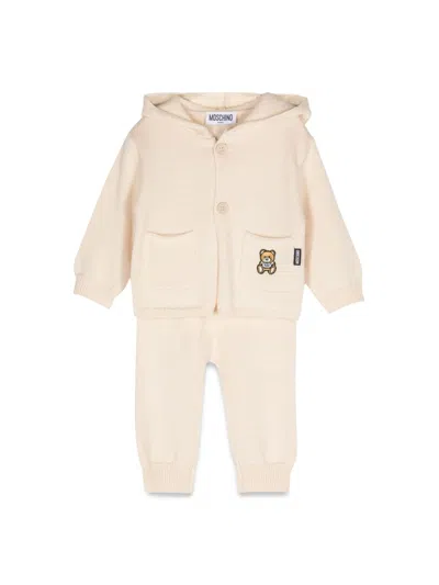 Moschino Cozy Cardigan And Pants Set For Mini Trendsetters In Neutral
